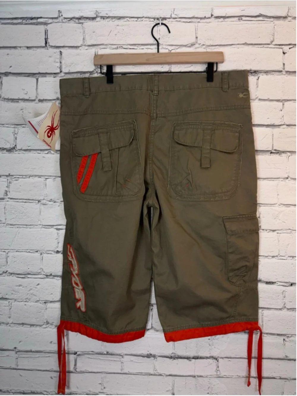 Men's Spyder Cargo Shorts size XL Olive Green with Orange Embroidery Streetwear
